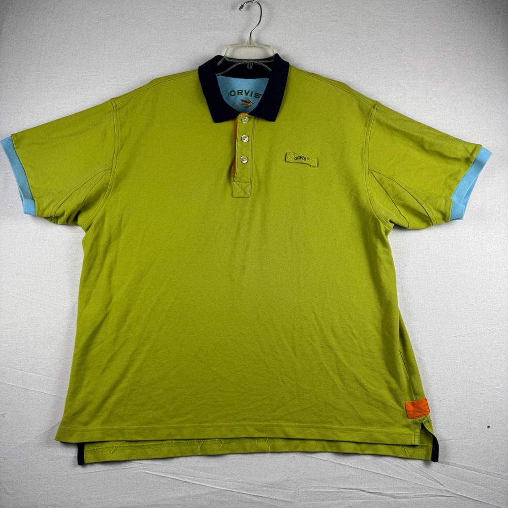 Orvis Mens XL Lime Green Cotton Pique Polo Shirt Short Sleeve Rod Holder 43743